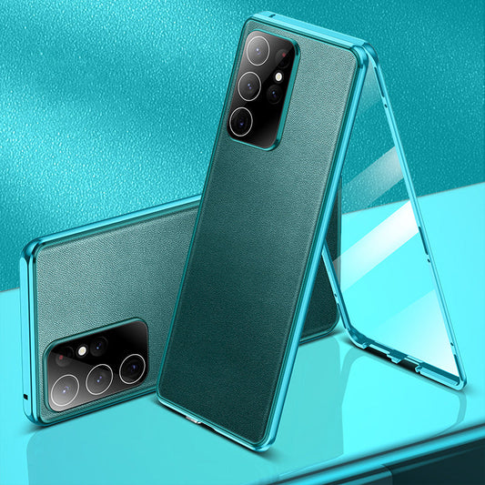 Leder + Glas Doppelseitige Magnetische Hülle für Samsung S23 Ultra